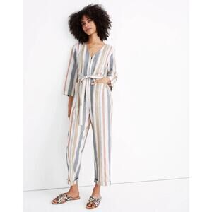 MADEWELL V-Neck Tie-Waist Jumpsuit Cotton Summer Beachy Size 2 Coastal Striped